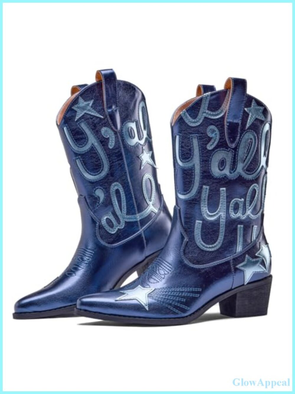Embroidered Mid Calf Western Cowboy Boots Pointed Toe Chunky Heel